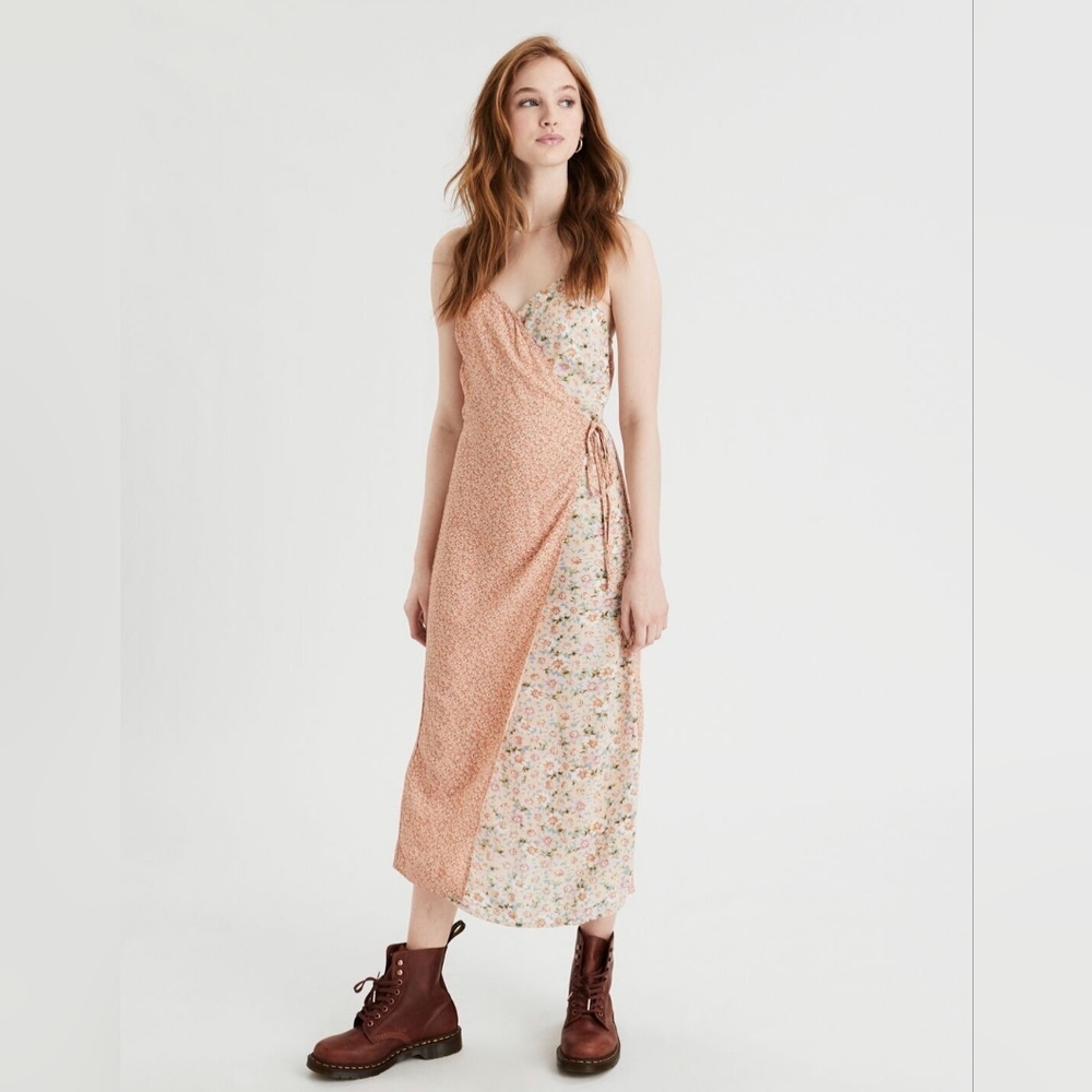 American Eagle Outfitters Peach & Floral Wrap Midi Dress with Side Tie